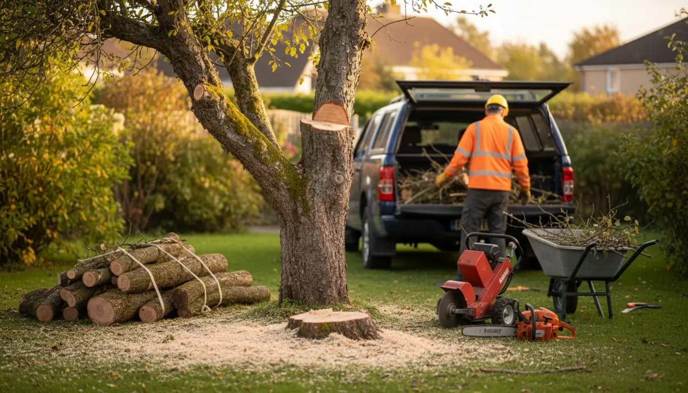 Arborist fjerner et gammelt frugttræ i haven med savsmuld, stub og læsset pickup klar til bortkørsel.