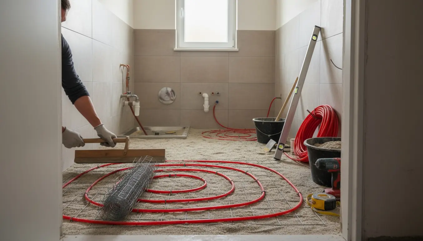 Badeværelse under renovering med sandpude, rivenet og gulvvarmerør klar ved væggen.