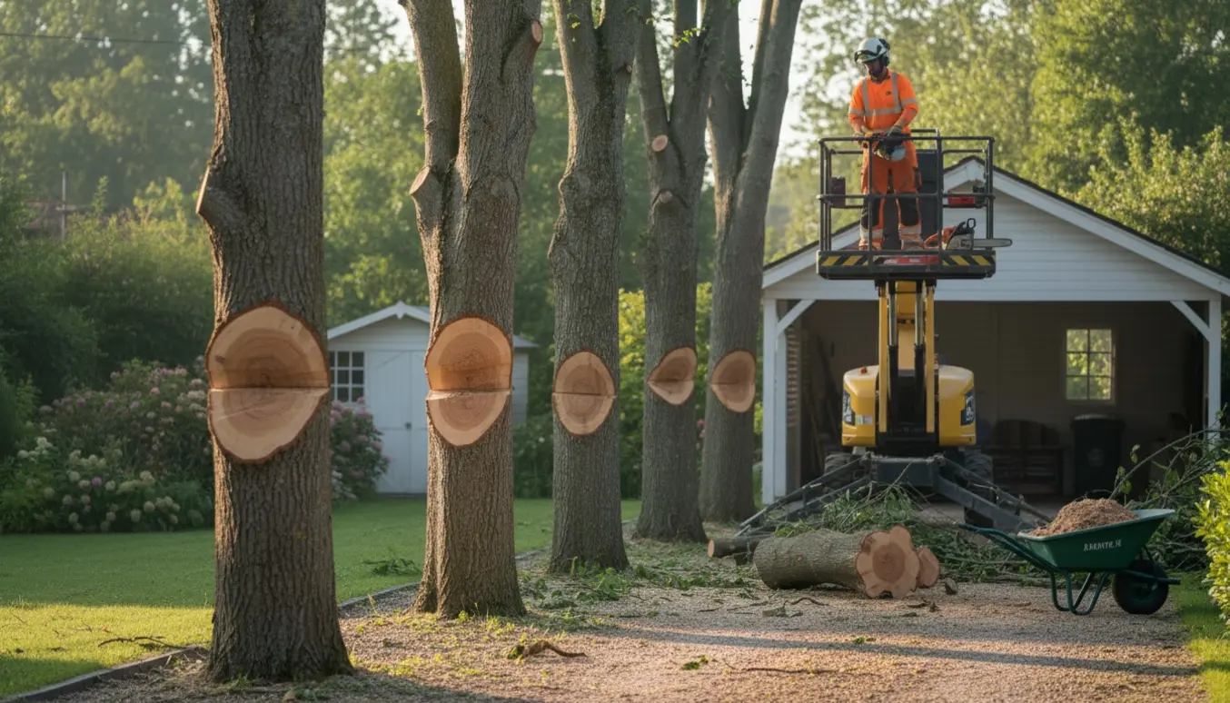 Træer langs indkørsel ved carport med halverede stammer, lift og stabler af afskårne grene.