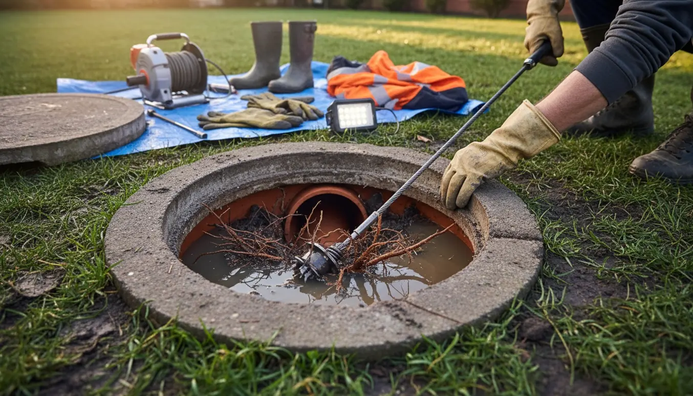 Rodfræsning i en åben kloakbrønd med rødder og værktøj på græsset.