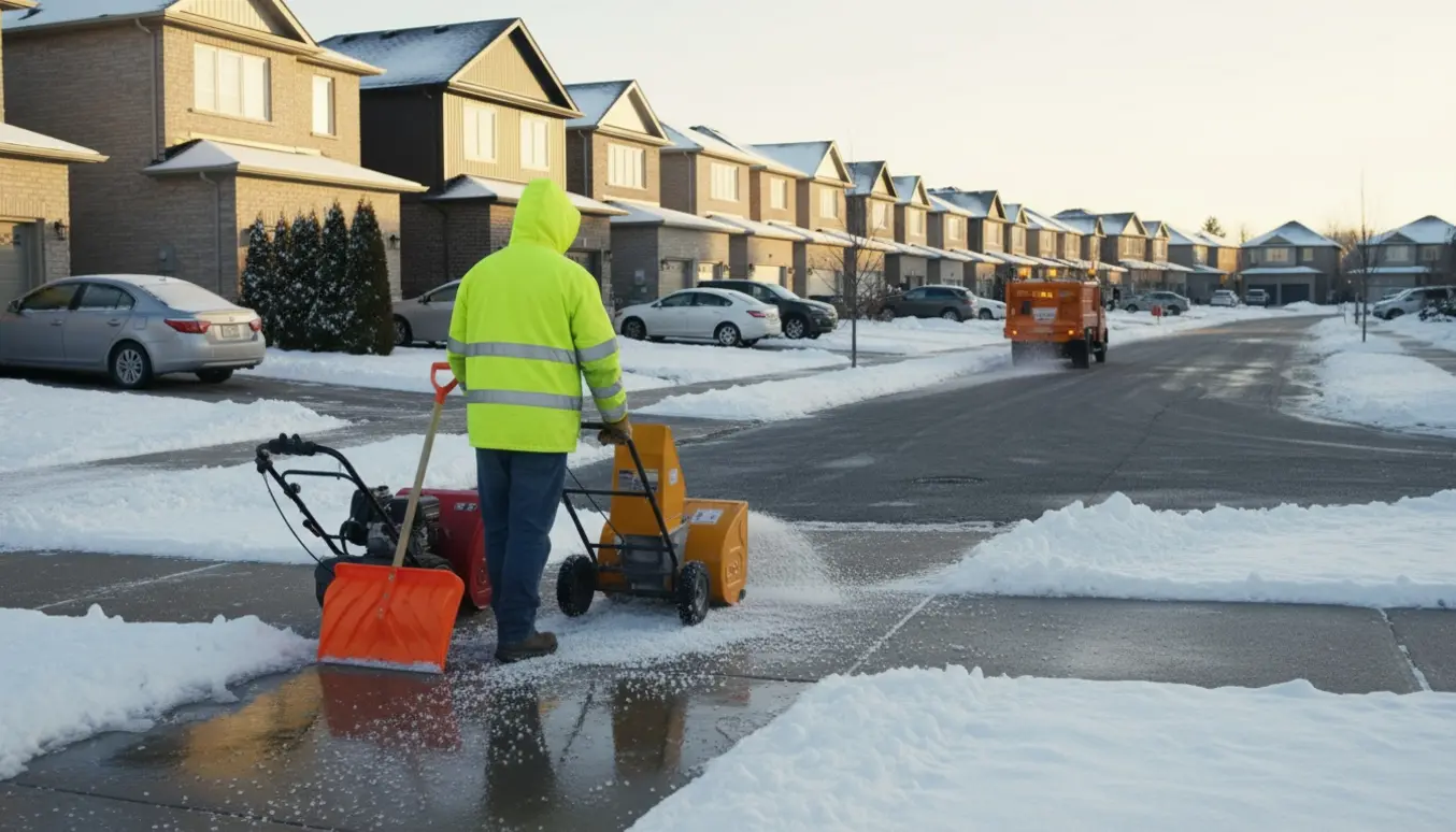 En person salter et ryddet fortov i et snedækket villakvarter med ryddede indkørsler.