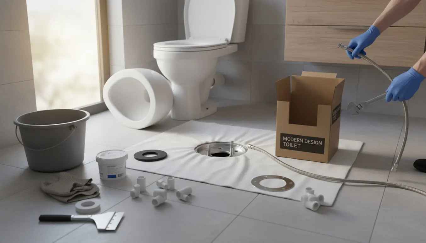 Badeværelse under renovering med fjernet toilet, synlig afløbsflange og VVS-værktøj klar til installation.