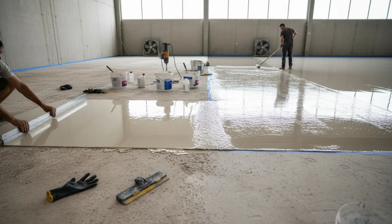 Industrielt lokale hvor flydespartel og trelags epoxy påføres på et betongulv, med værktøj og glinsende færdigt område.