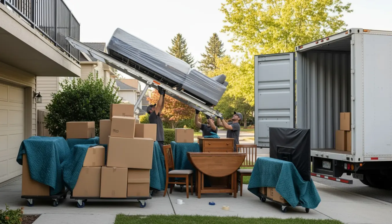 Udendørs lift sænker indpakket sofa og madras fra 1. sal mod en åben opbevaringscontainer med kasser og møbler klar til flytning.