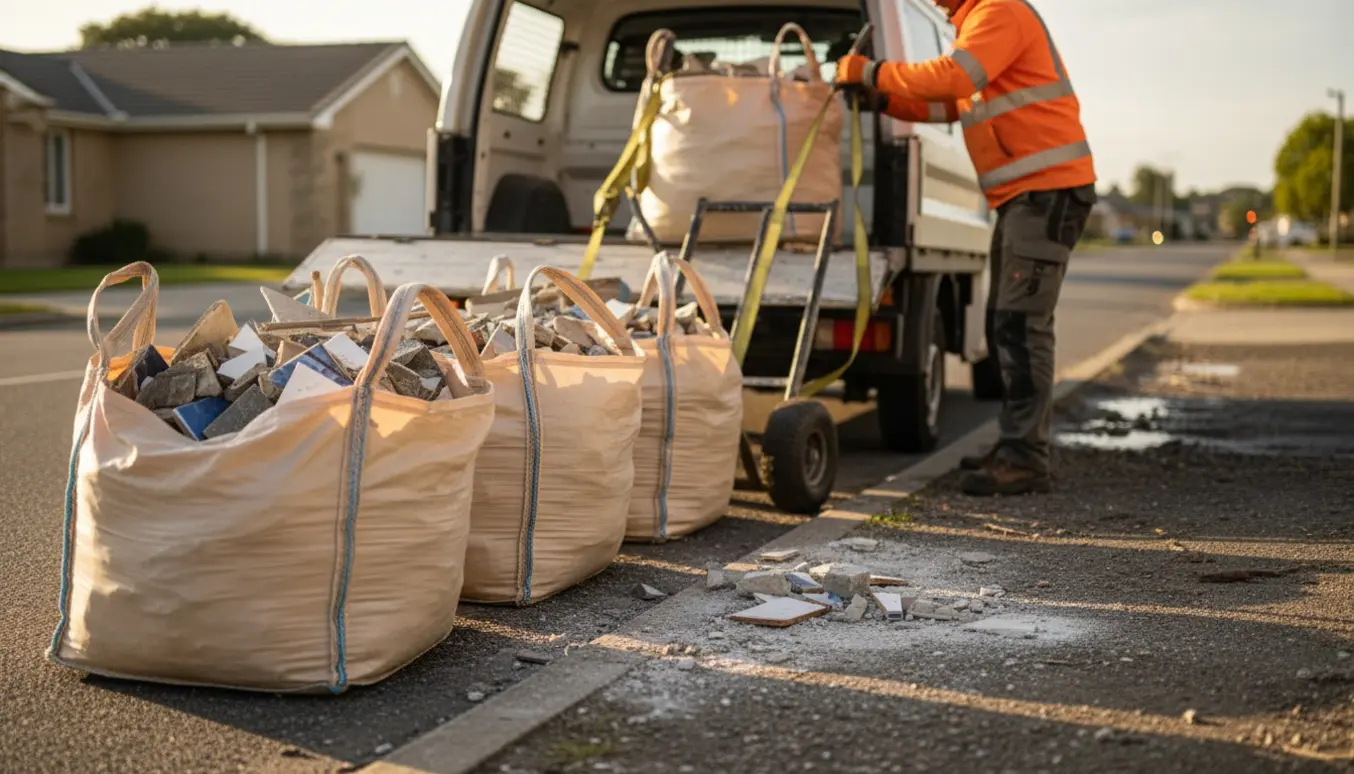 Fire små bigbags med byggeaffald ved vejkanten klar til bortkørsel.