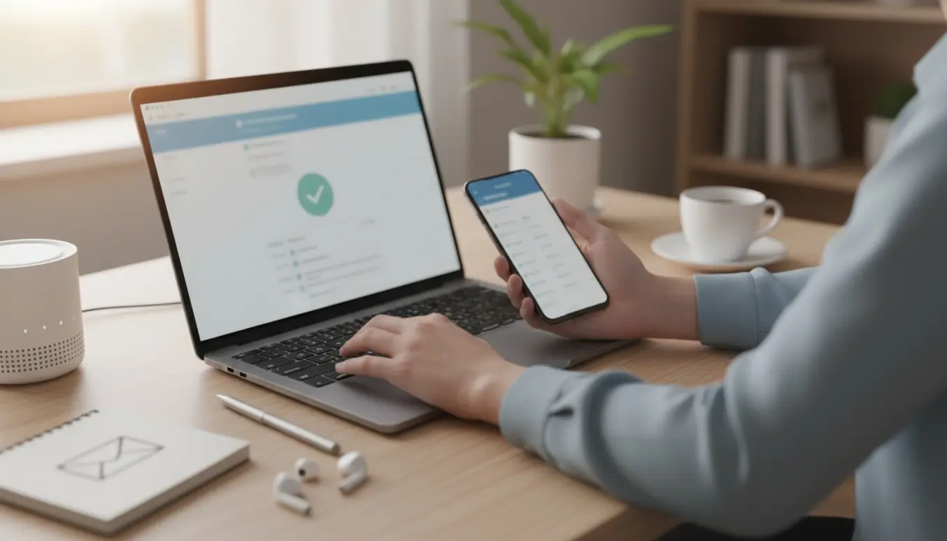 Hænder opsætter en ekstra e‑mailkonto på en bærbar computer og smartphone i et ryddeligt hjemmekontor.