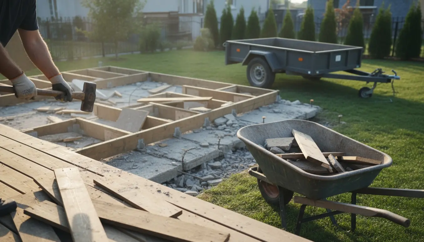 Fjernelse af træterrasse og knust beton med stabler af brædder og en trillebør klar til bortkørsel.
