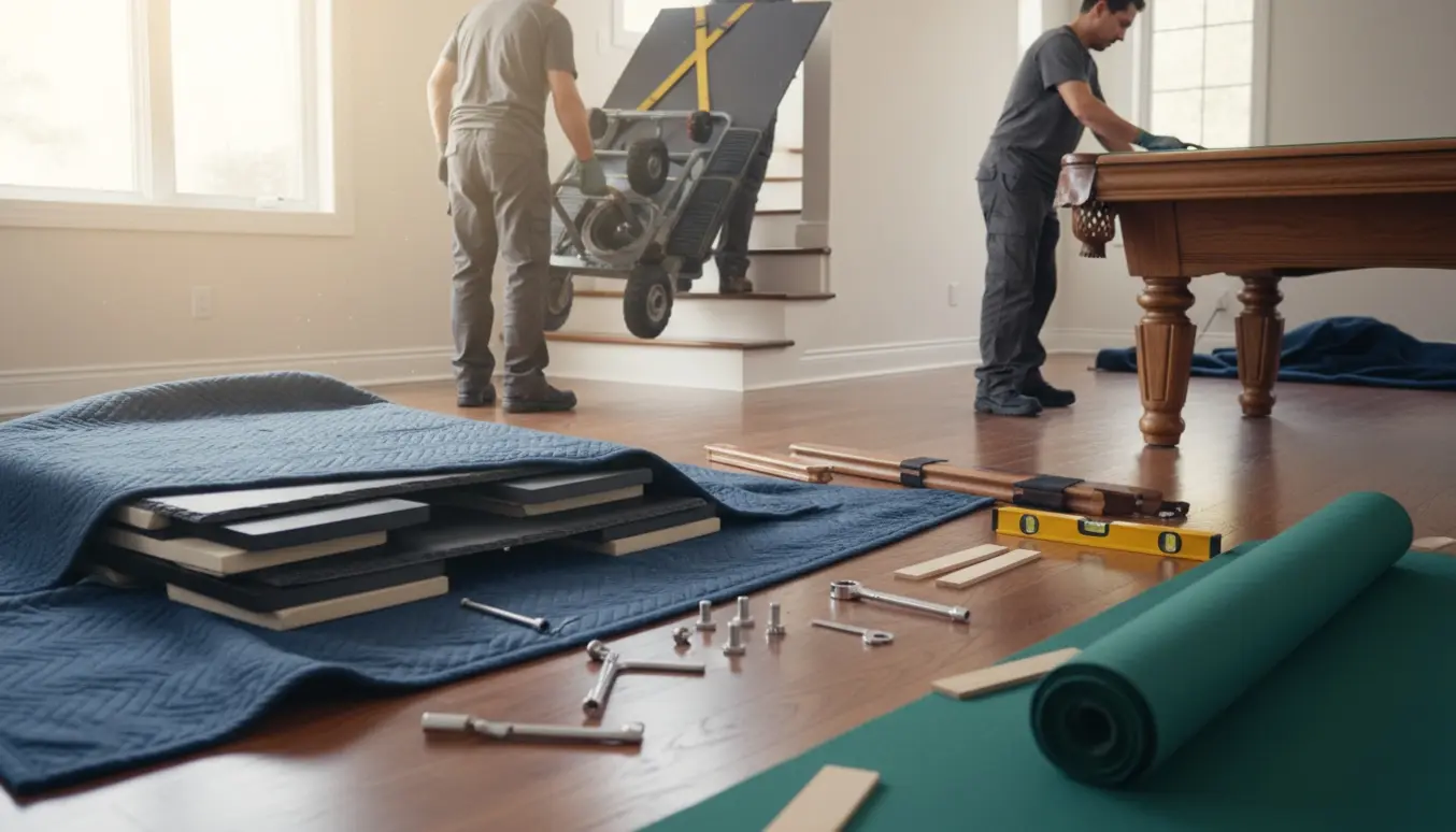 Flyttefolk bærer en pakket bordplade op ad en kort trappe, mens adskilte billardborddele og værktøj ligger klar på beskyttelsesdyner.