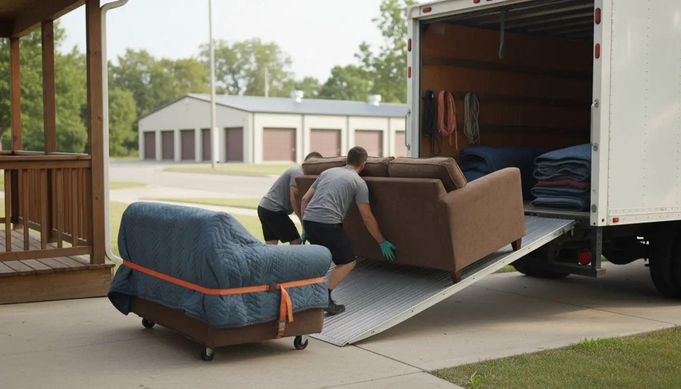 To personer læsser en tung sofa ind i en flyttebil ved en villavej med flyttetæpper og dolly.