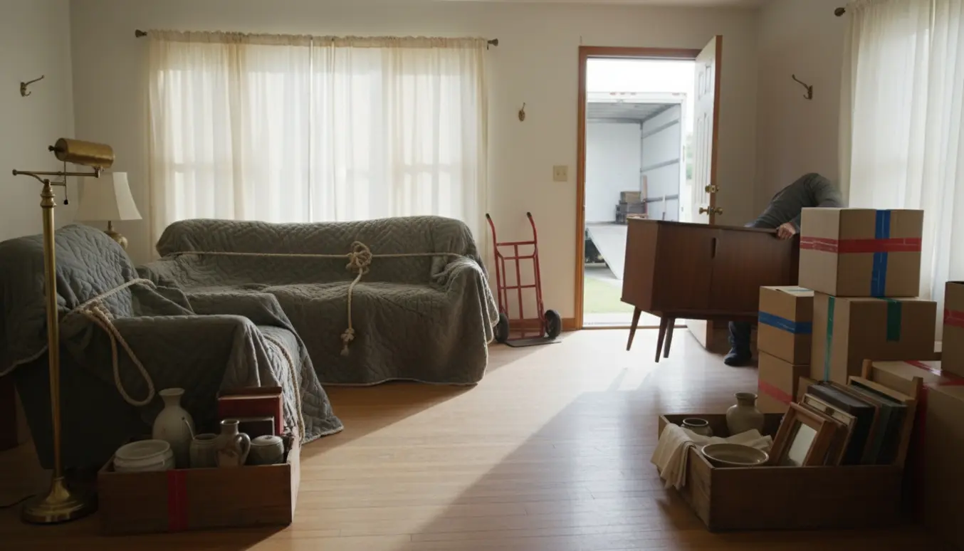Rydning af parcelhus med møbler, flyttekasser og arbejdstagere set bagfra klar til bortkørsel.