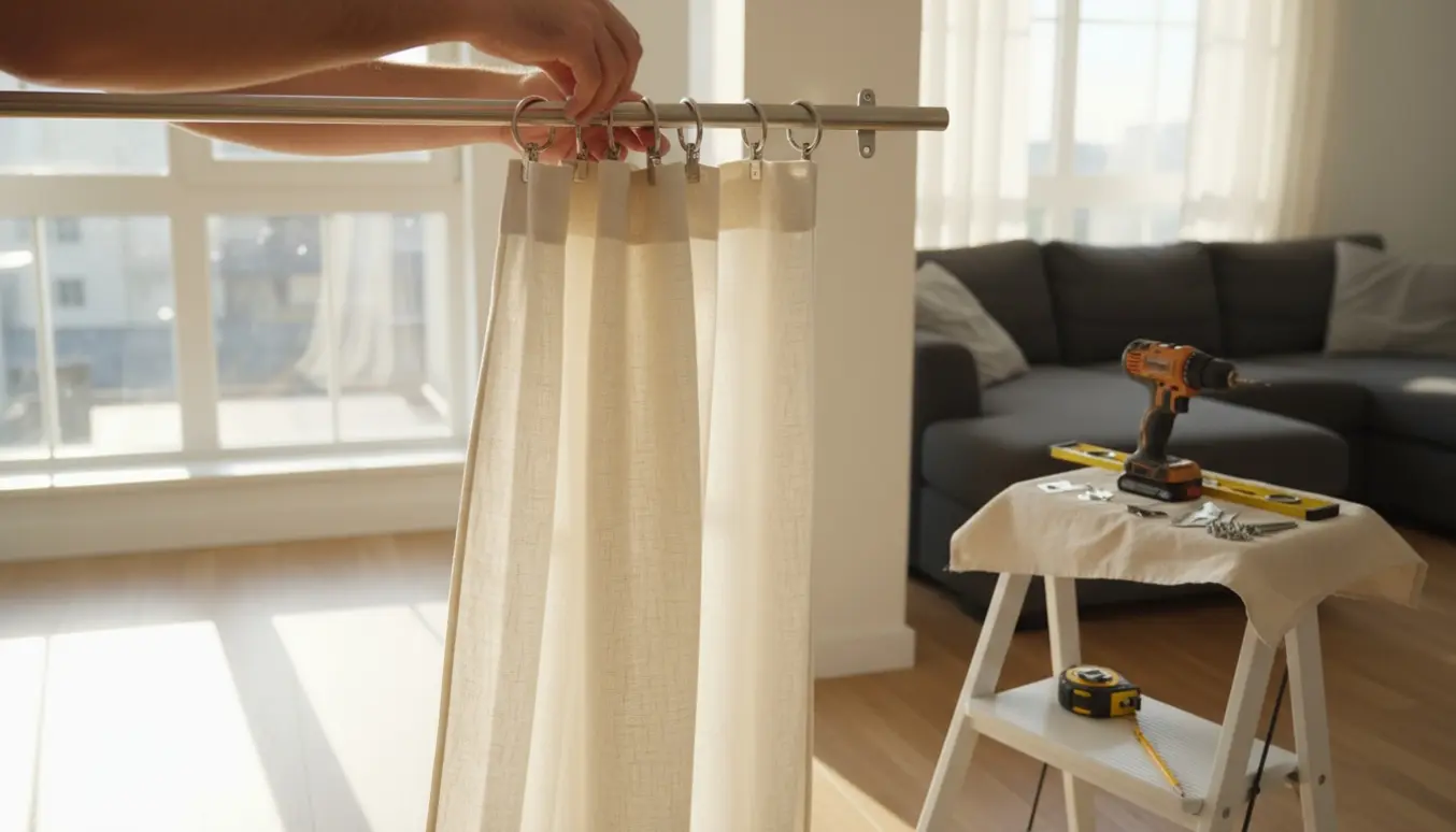 Hænger et stofgardin op foran et fire-fags vinduesparti, kun hænder og værktøj i fokus.