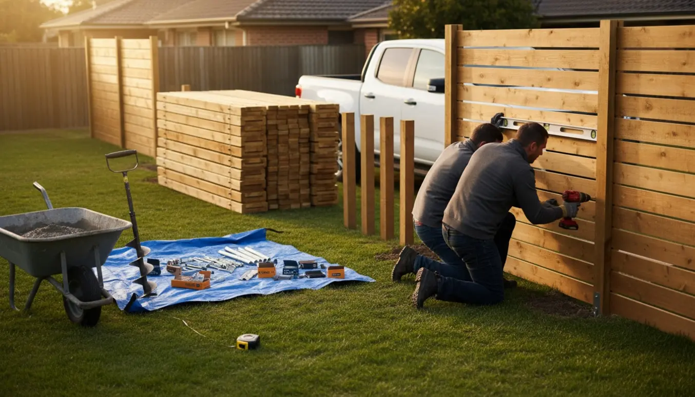 Stak af lamelhegn og håndværkere monterer et hegn i en baghave.