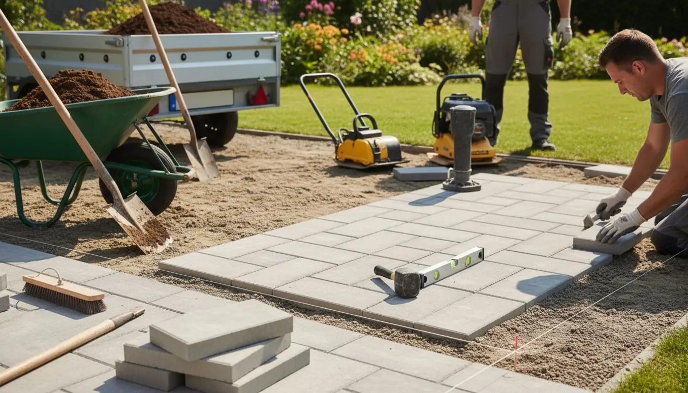 Delvist færdiglagt terrasse med fliser, værktøj og trailer fyldt med jord i solskin.
