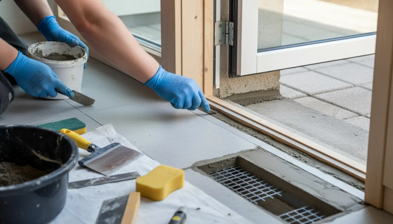 Hænder glatter frisk mørtel omkring nyt vindue og reparerer cementkanten ved flisegulvet.