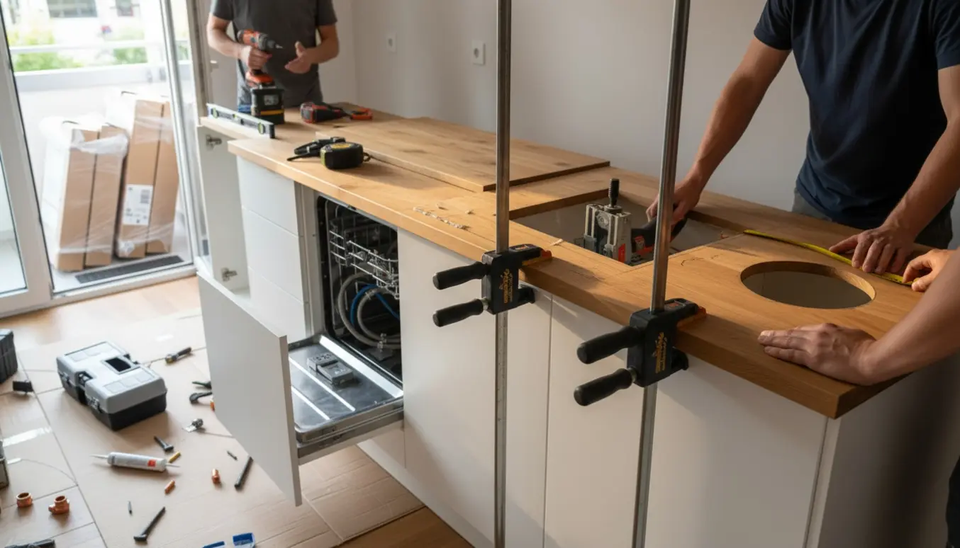 Køkken under montering med hvide underskabe, eg-bordplade med samlinger og håndværkeres hænder ved vaskeskabet.