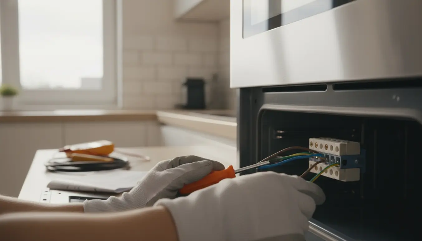 Nærbillede af hænder i isolerede handsker, der tilslutter tre ledninger til en installationsdåse på bagsiden af en indbygget ovn i et lyst køkken.