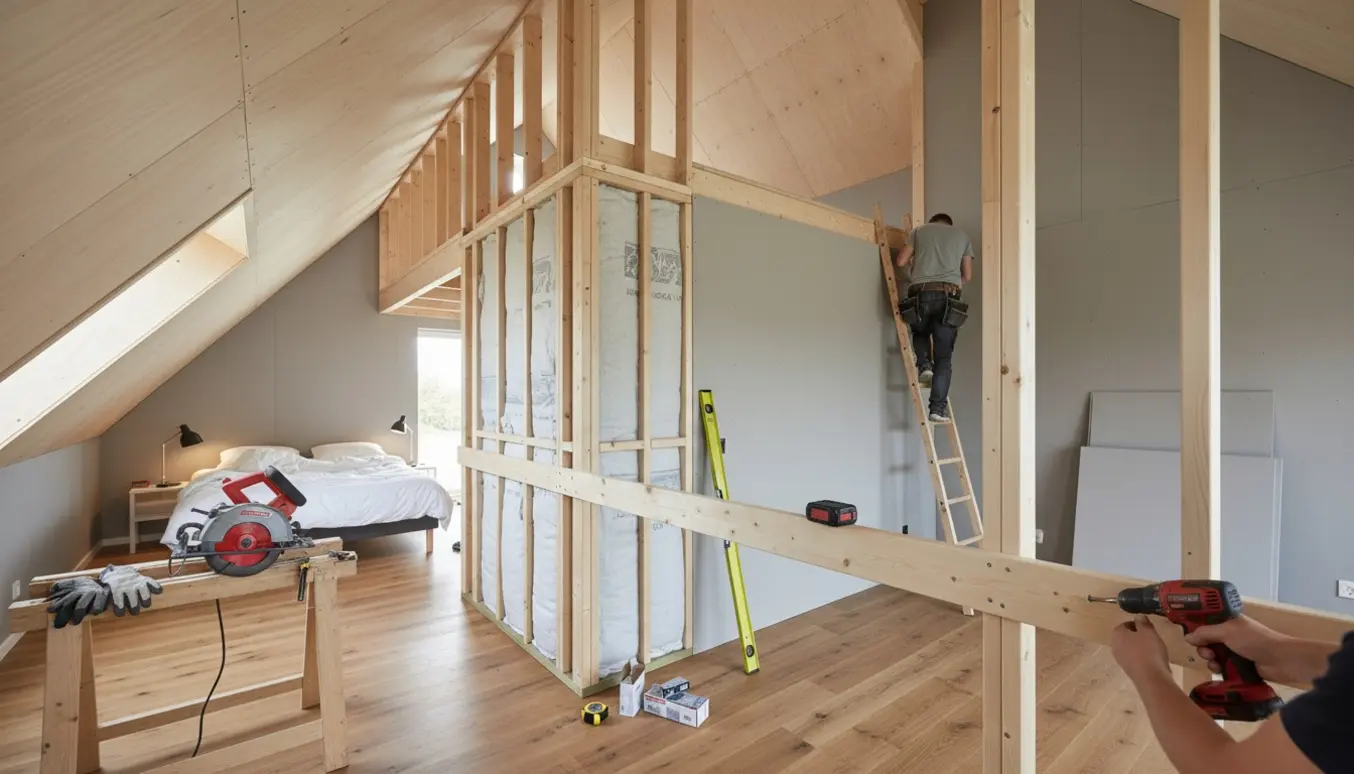 Halvfærdig skillevæg i et højloftet soveværelse med skråt loft og en hems under opbygning.