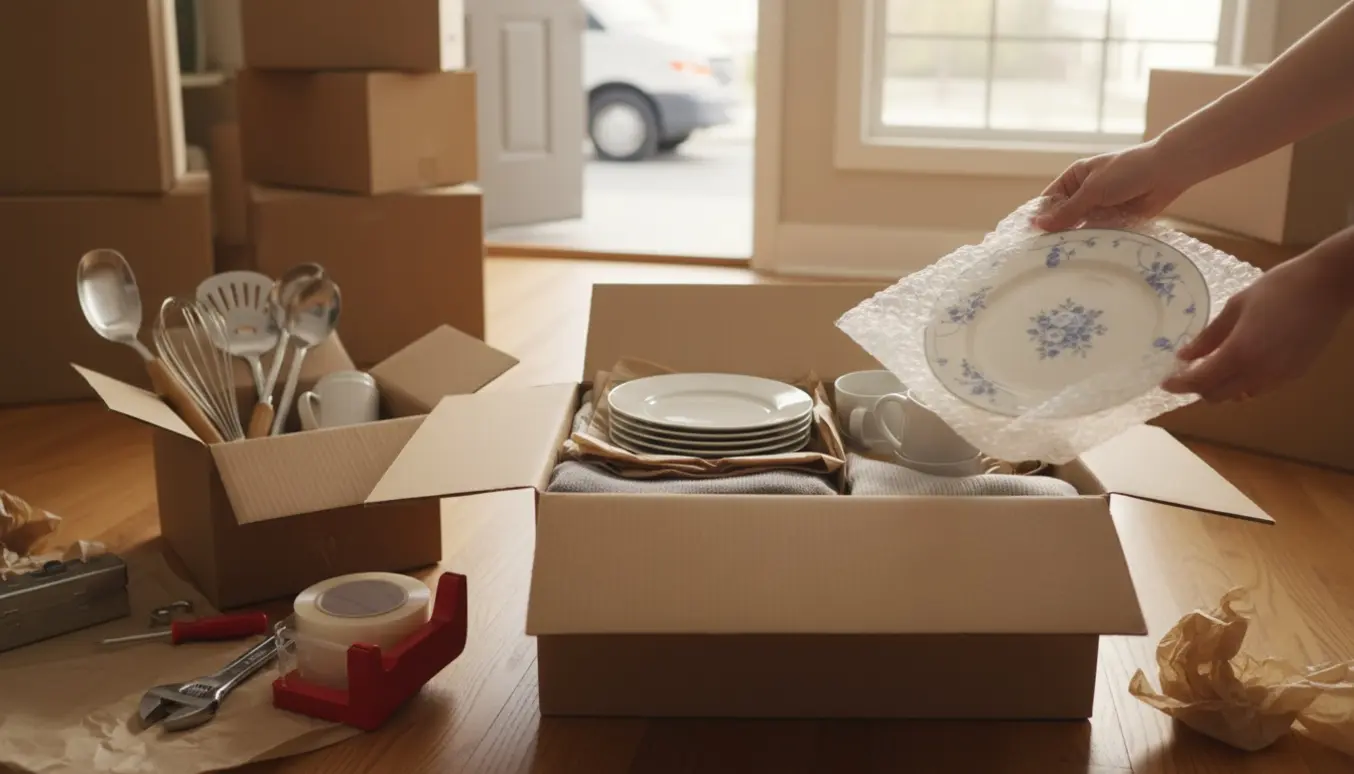 Hænder pakker porcelæn og køkkengrej i flyttekasser med bobleplast og pap på et solbelyst trægulv.