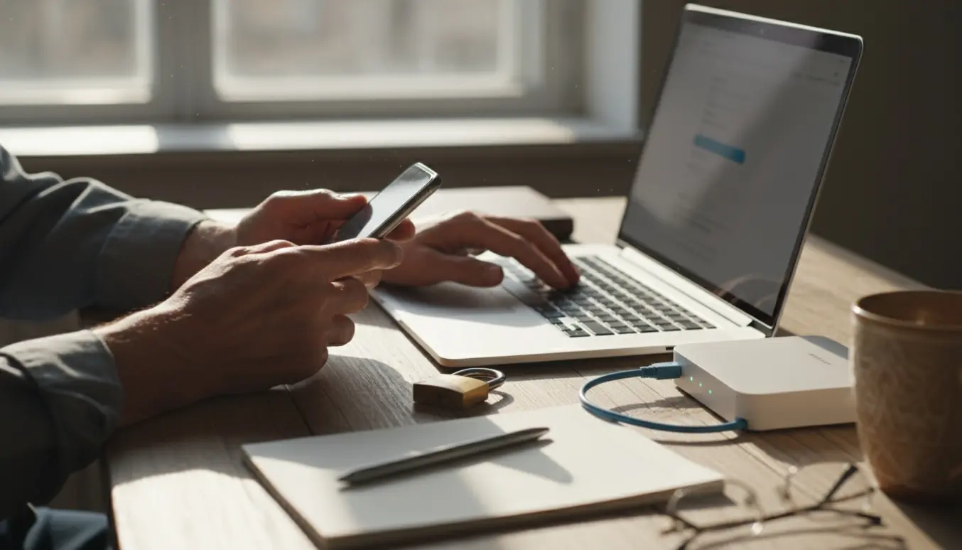 To sæt hænder ved en laptop og smartphone ved et hjemmekontor, der viser hjælp til en hacket Facebook-konto.