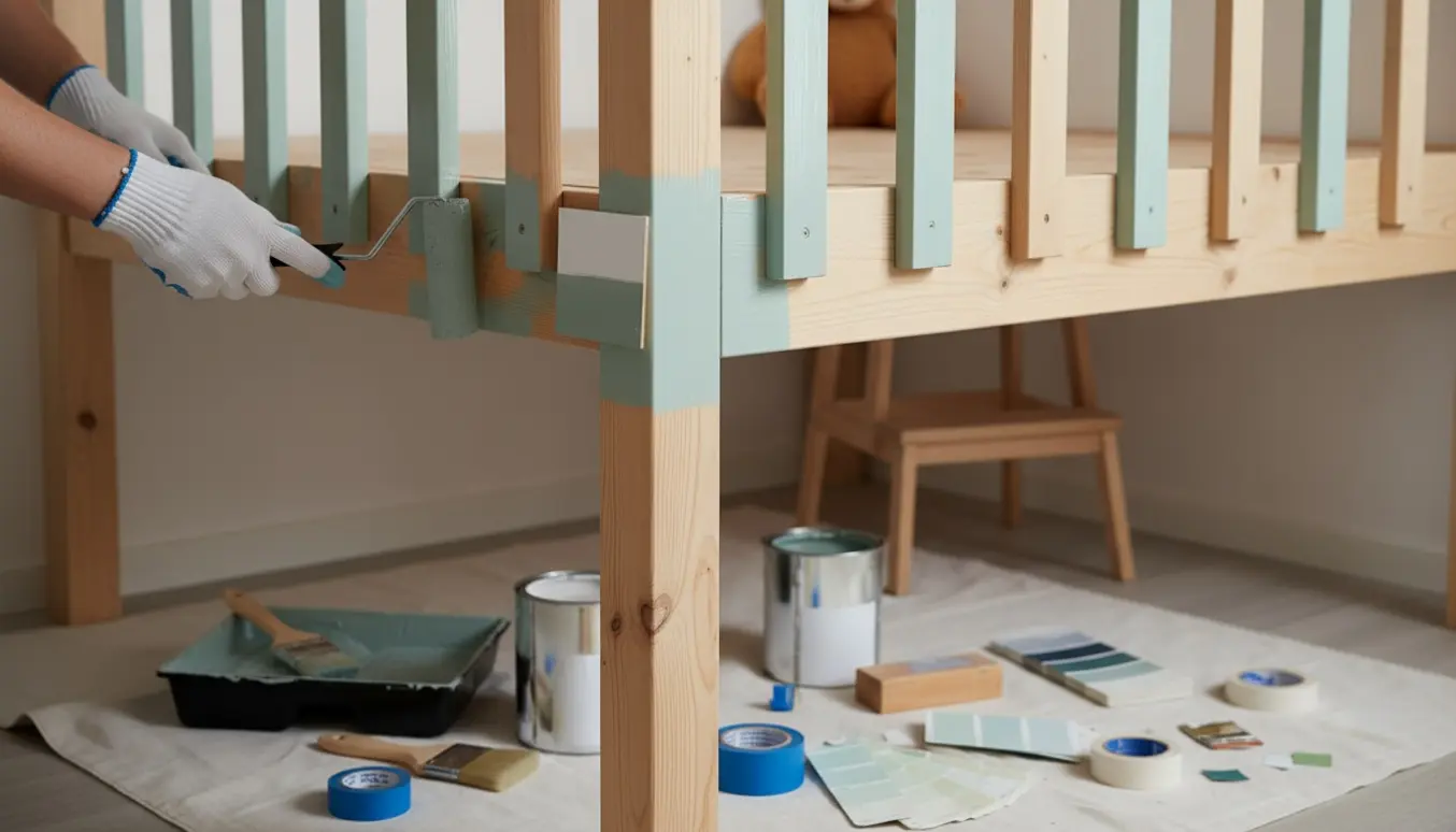 Malerarbejde på en fyrretræs-hems i et børneværelse med farveprøver, primer og malerværktøj.