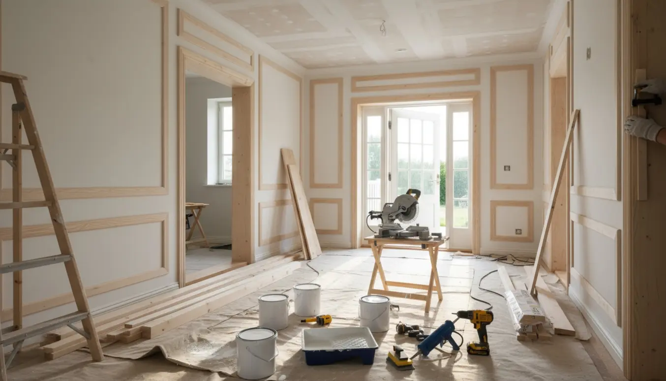 Entré under renovering med nyt træværk langs tre vægge, værktøj og stige i blødt dagslys.