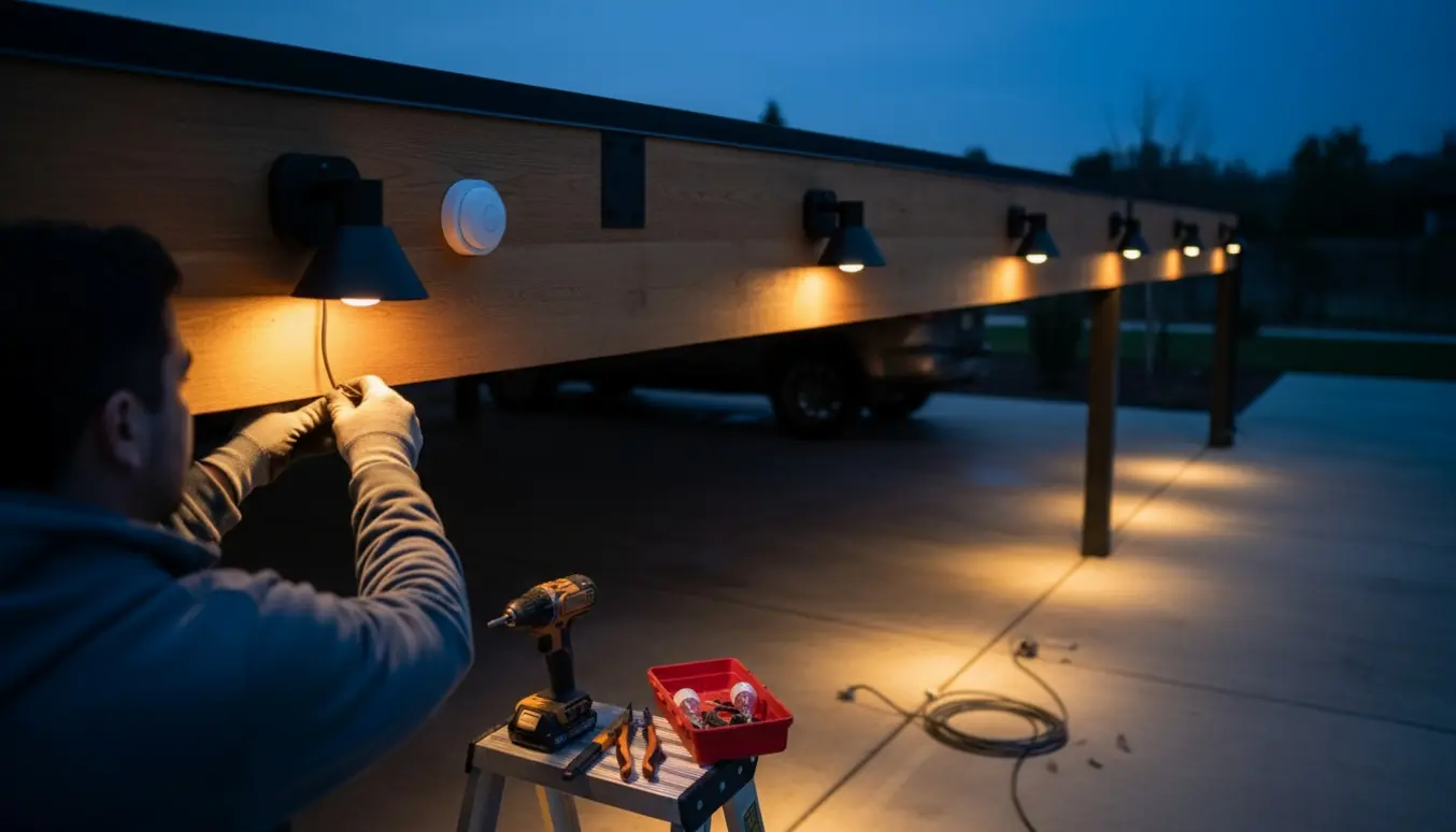 Installering af fire udendørslamper og en rund bevægelsessensor i en carport ved skumring.