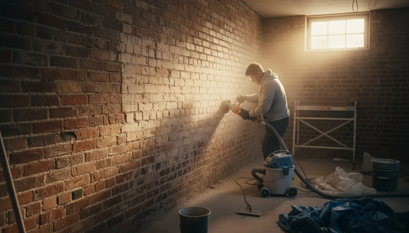 En håndværker sliber en murstensvæg i kælderen med vægsliber og støvudsugning, klar til vandskuring.