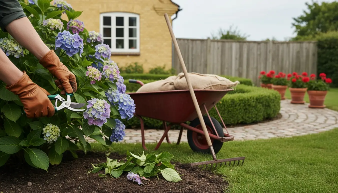 Næroptag af hænder, der beskærer en busk i en privat have i Gistrup med haveværktøj og trillebør i baggrunden.