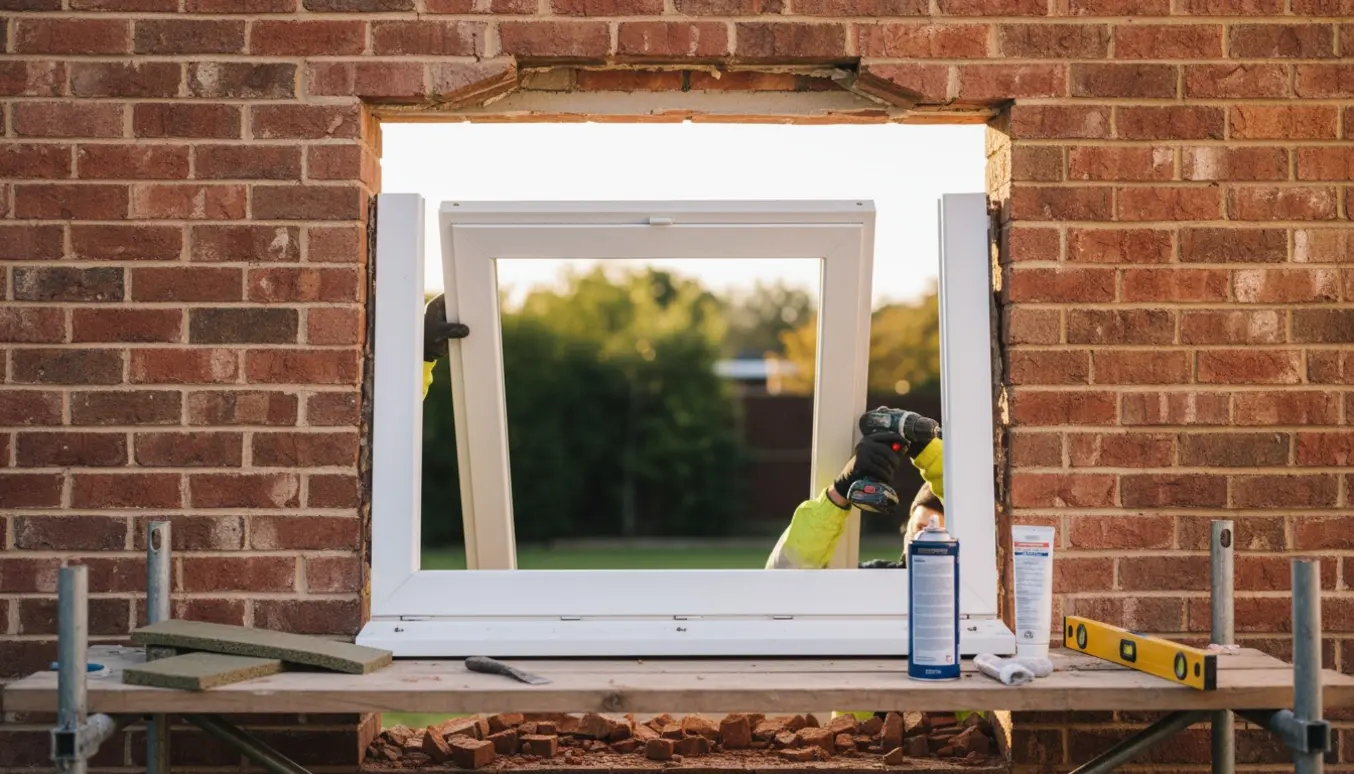 Nyudskåret åbning i en rødmuret ydergavl, hvor en hvid plast hoveddør monteres med værktøj og hænder i arbejdet.