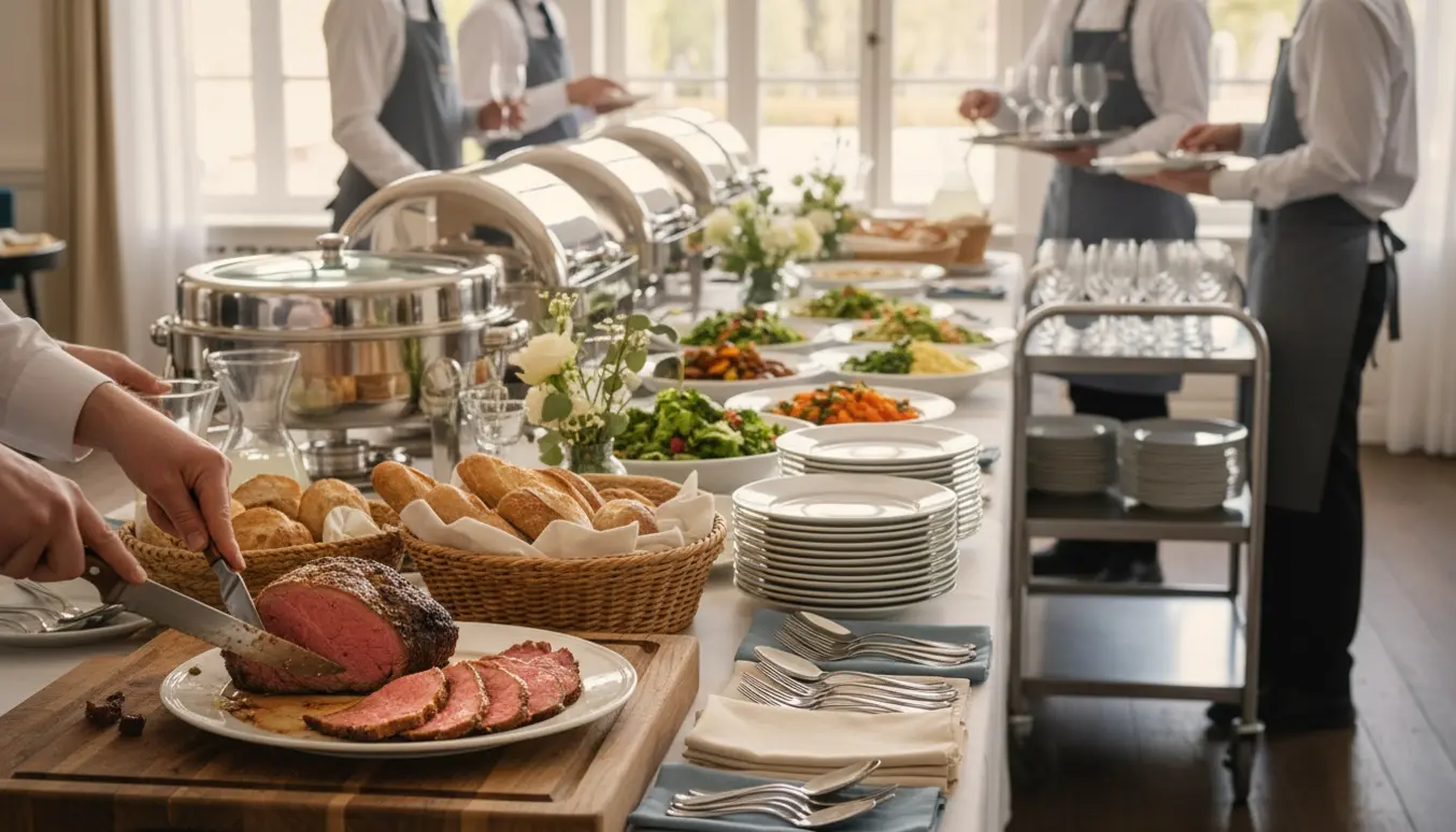 Nærbillede af servere i forklæder, der skærer steg og fylder en buffet op ved en konfirmation.