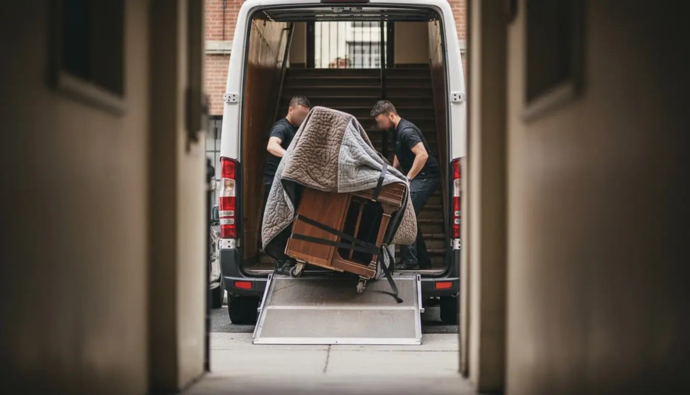Erfarne flyttefolk leder et indpakket klaver ned ad en trappe med flyttebil parkeret ved hoveddøren.