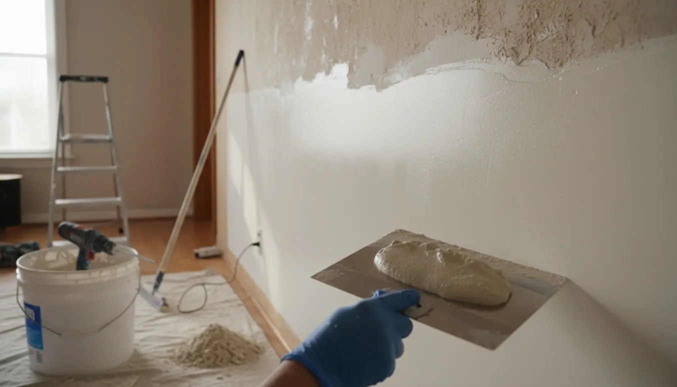 Nærbillede af en hånd, der spartler en væg efter fjernelse af savsmuldstapet, med værktøj og afdækning i rummet.