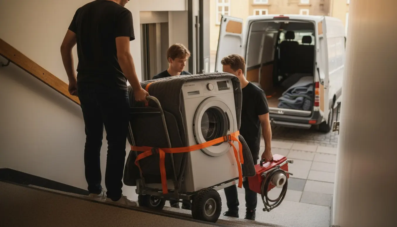 Tre personer læsser en vaskemaskine på trillebår fra en lejlighedstrappe ind i en hvid varevogn med værktøj ved siden af.