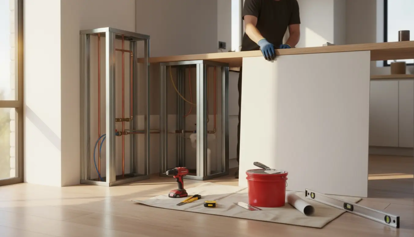 To gipsvægge bygges omkring rør under en bordplade med værktøj og materialer i blødt dagslys.