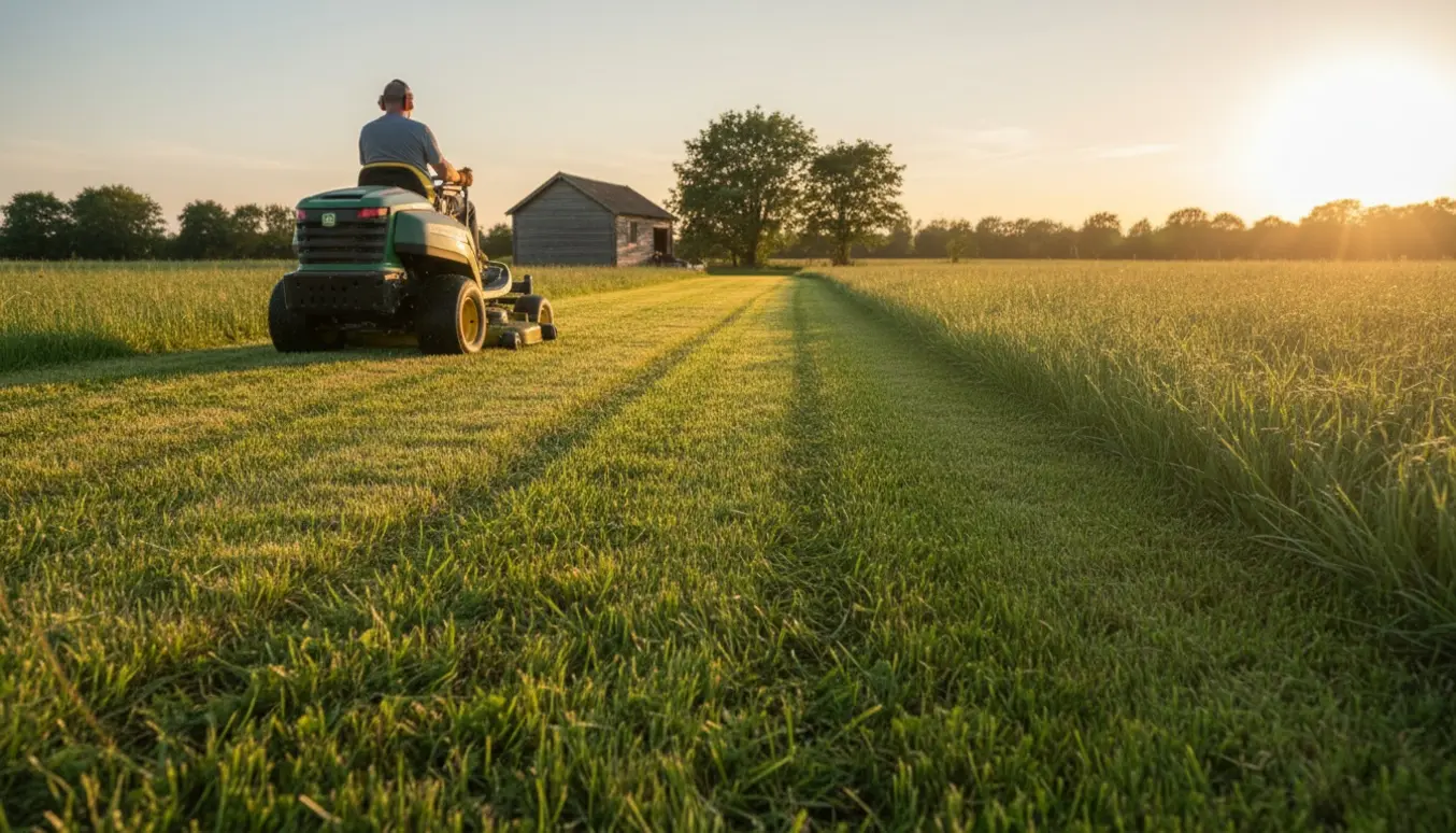 En havetraktor slår græs i stribemønster på en stor, velplejet plæne ved morgensol.