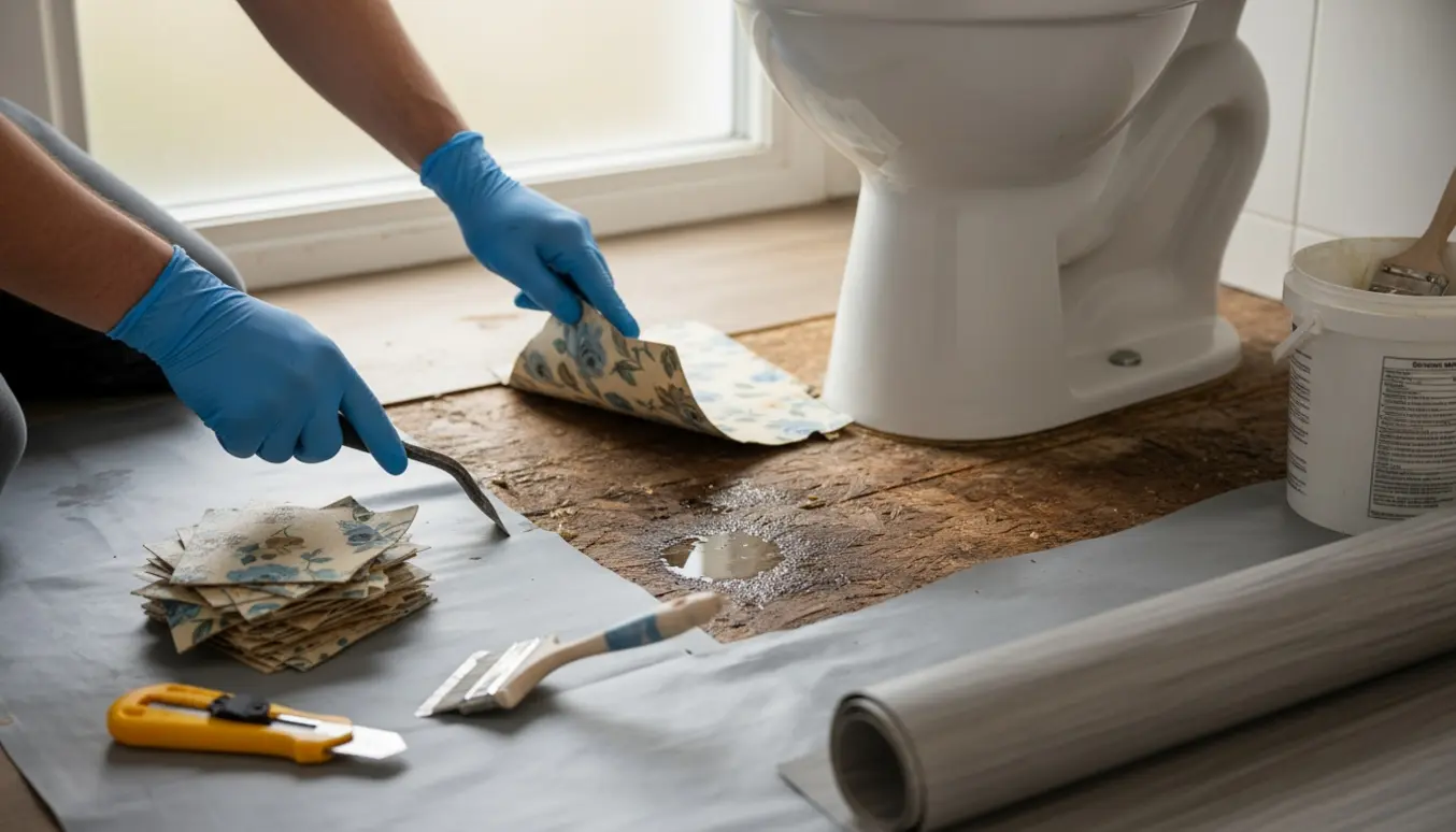 Nærbillede af udskiftning af linoleumsgulv på et lille badeværelse med værktøj og fjernede fliser.