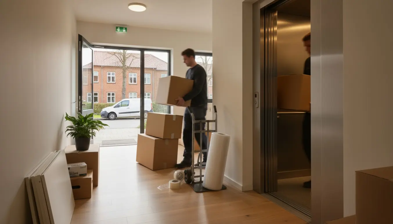 Flyttefolk bærer mellemstore flyttekasser ind i en elevator i en moderne boligblok i Ballerup.