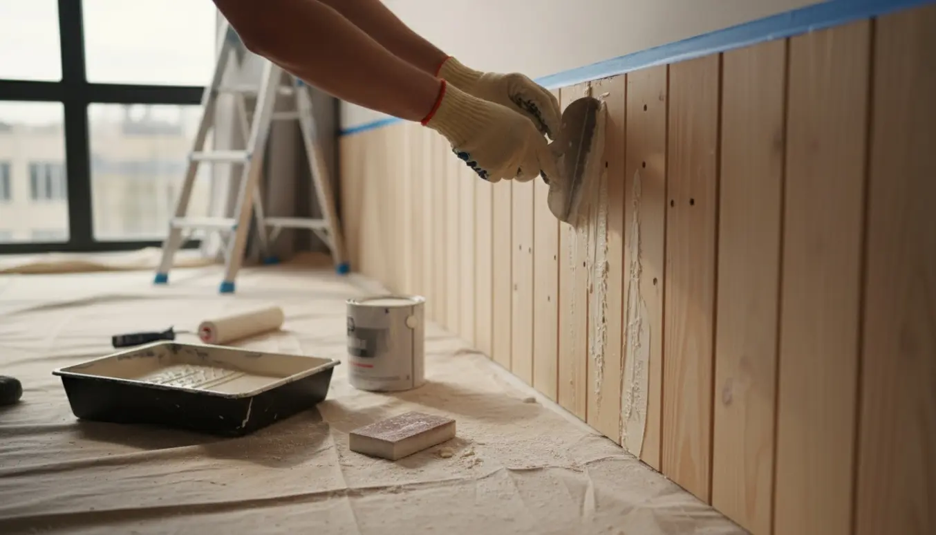 Hænder spartler revner i træpanel før maling, med malerulle og værktøj i baggrunden.
