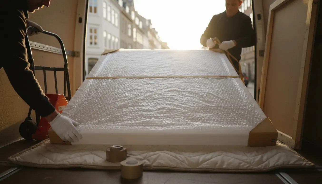 To flyttefolk læsser et indpakket 150x150 cm maleri ind i en polstret varebil på en rolig Frederiksberg-gade.