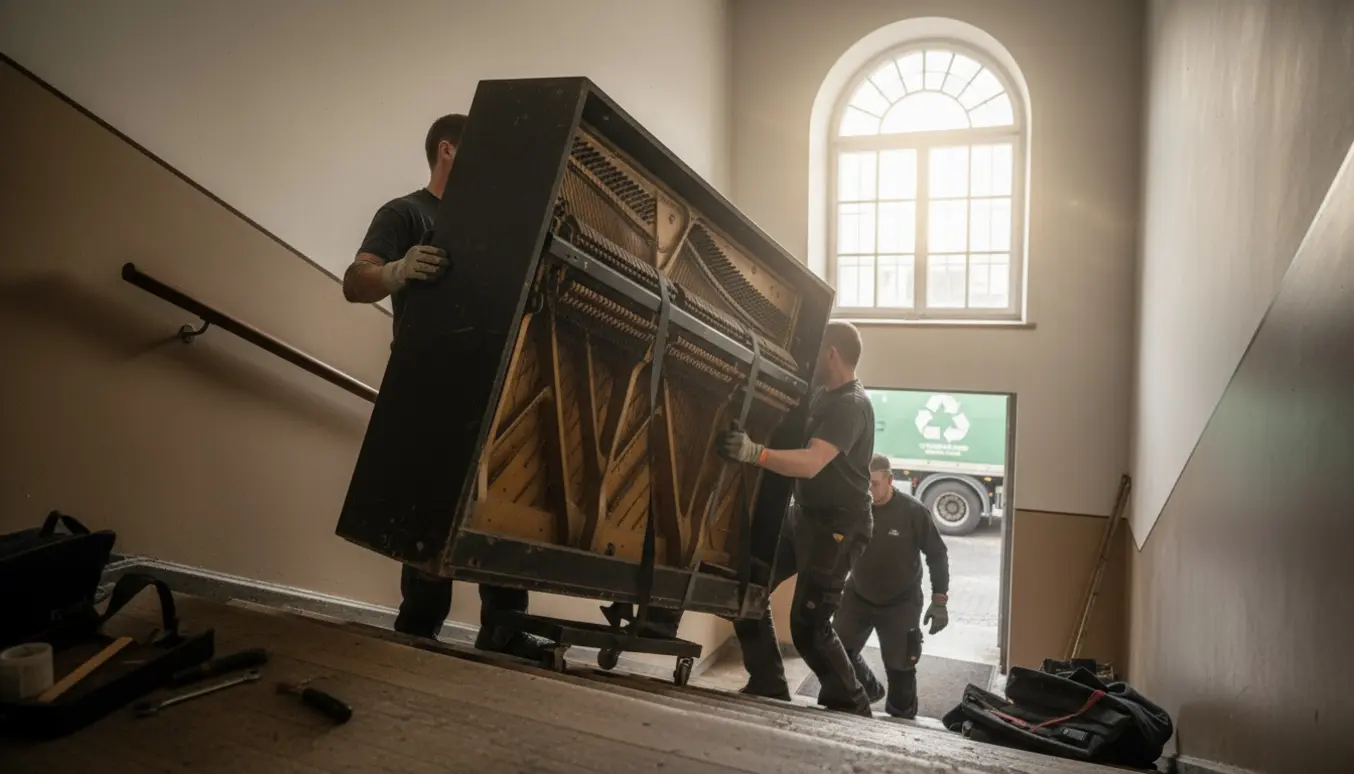 Et opretstående klaver med synlig jernramme bæres forsigtigt ned ad en bred trappe i en nordisk opgang mod skrot.