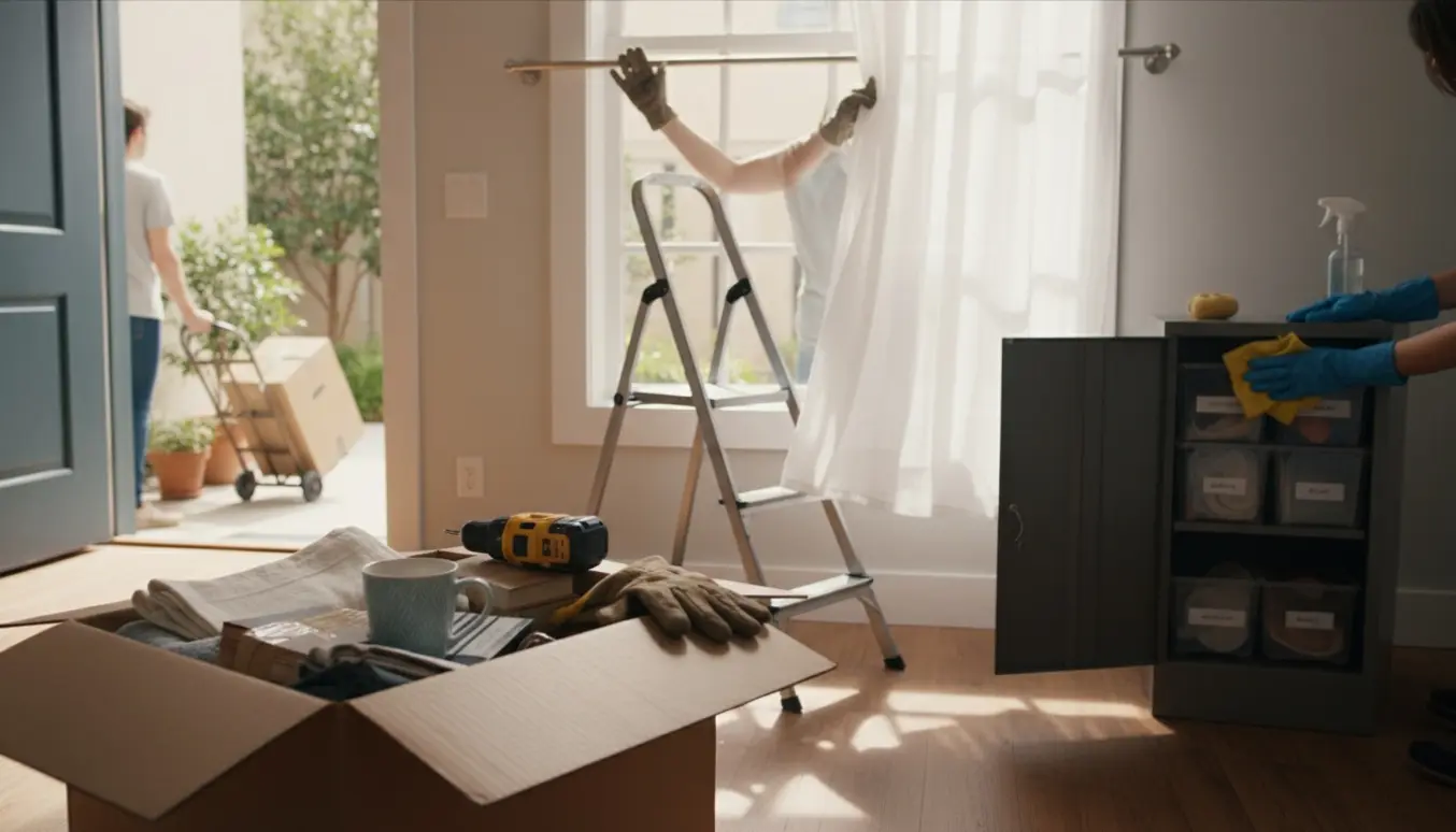 Soloplyst lejlighed hvor flyttekasser pakkes ud, en gardinstang monteres og et metalskab rengøres.