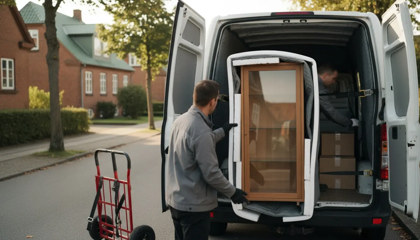 Et lille glasvitrineskab pakket ind og læsses i en flyttebil, mens to personer arbejder med ansigterne ude af synsfelt.