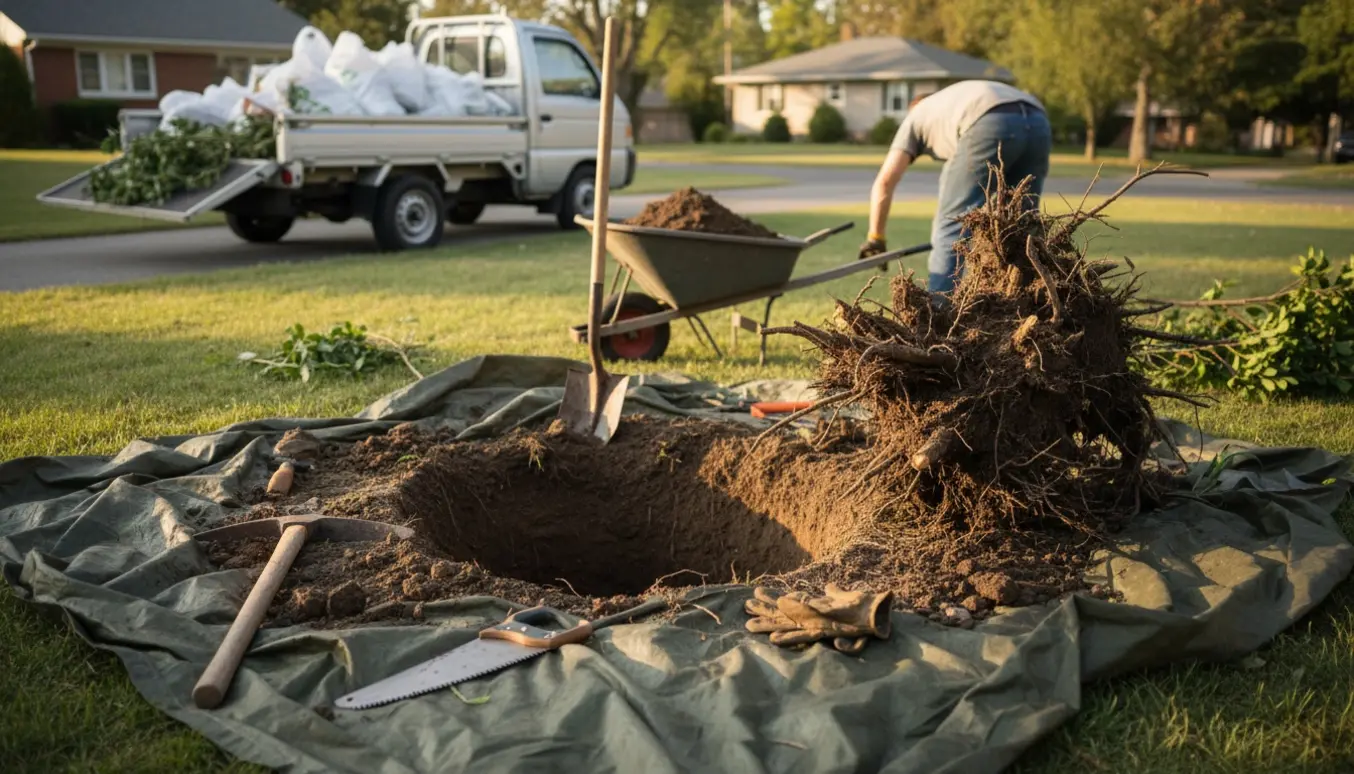 En busk på cirka 2 x 3 m og 1,5 m høj graves op med rodklump på presenning og værktøj klar til bortkørsel.