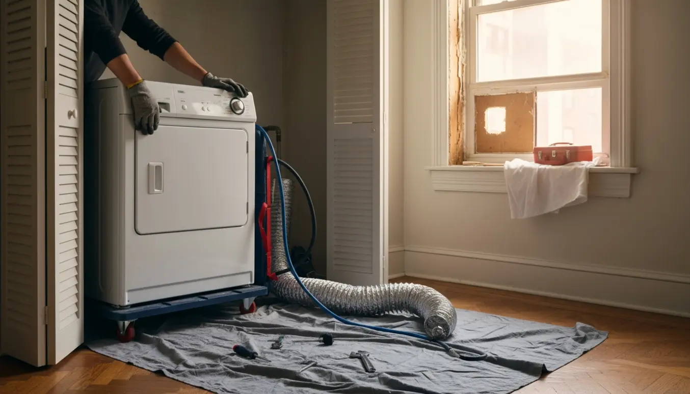 Vaskemaskine og tørretumbler trukket ud af et lille skab i en lejlighed med værktøj og afmonteret ventil ved vinduet.