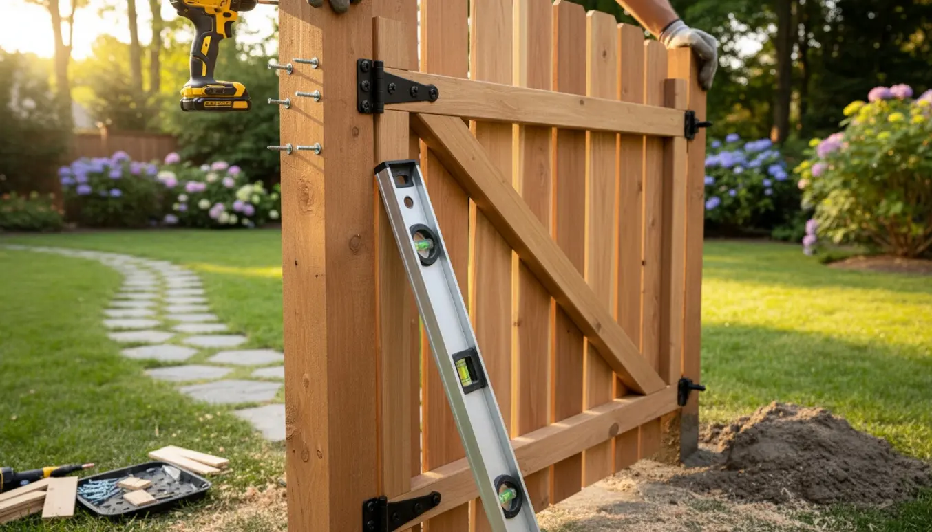 En havelåge under montering mellem stolper i en solrig have med værktøj i fokus.