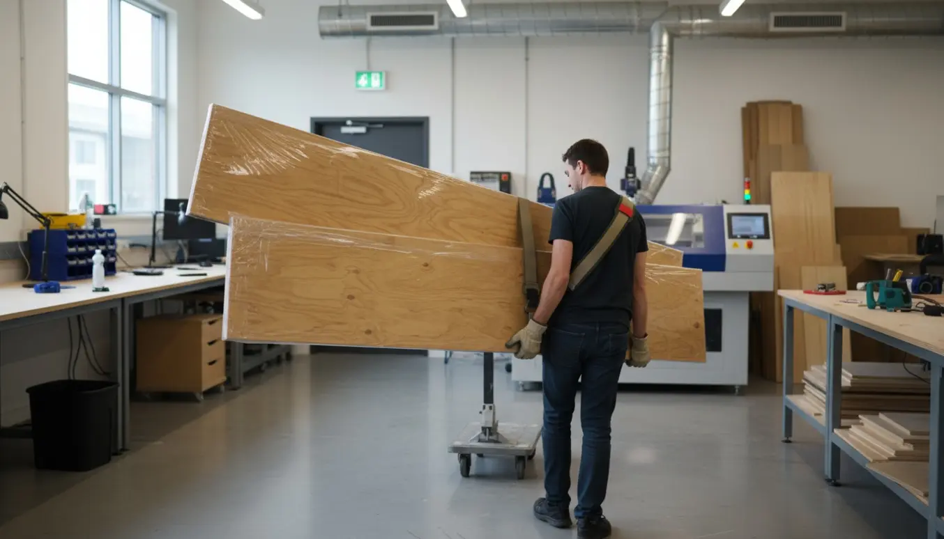 To 9 mm birkekrydsfinérplader med plastcover bæres ind i et lyst værksted mod en lasercutter.