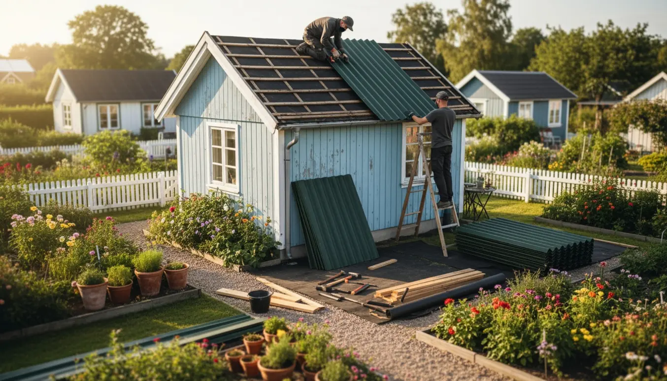 Nye onduline tagplader monteres på et kolonihavehus efter det gamle tag er fjernet.