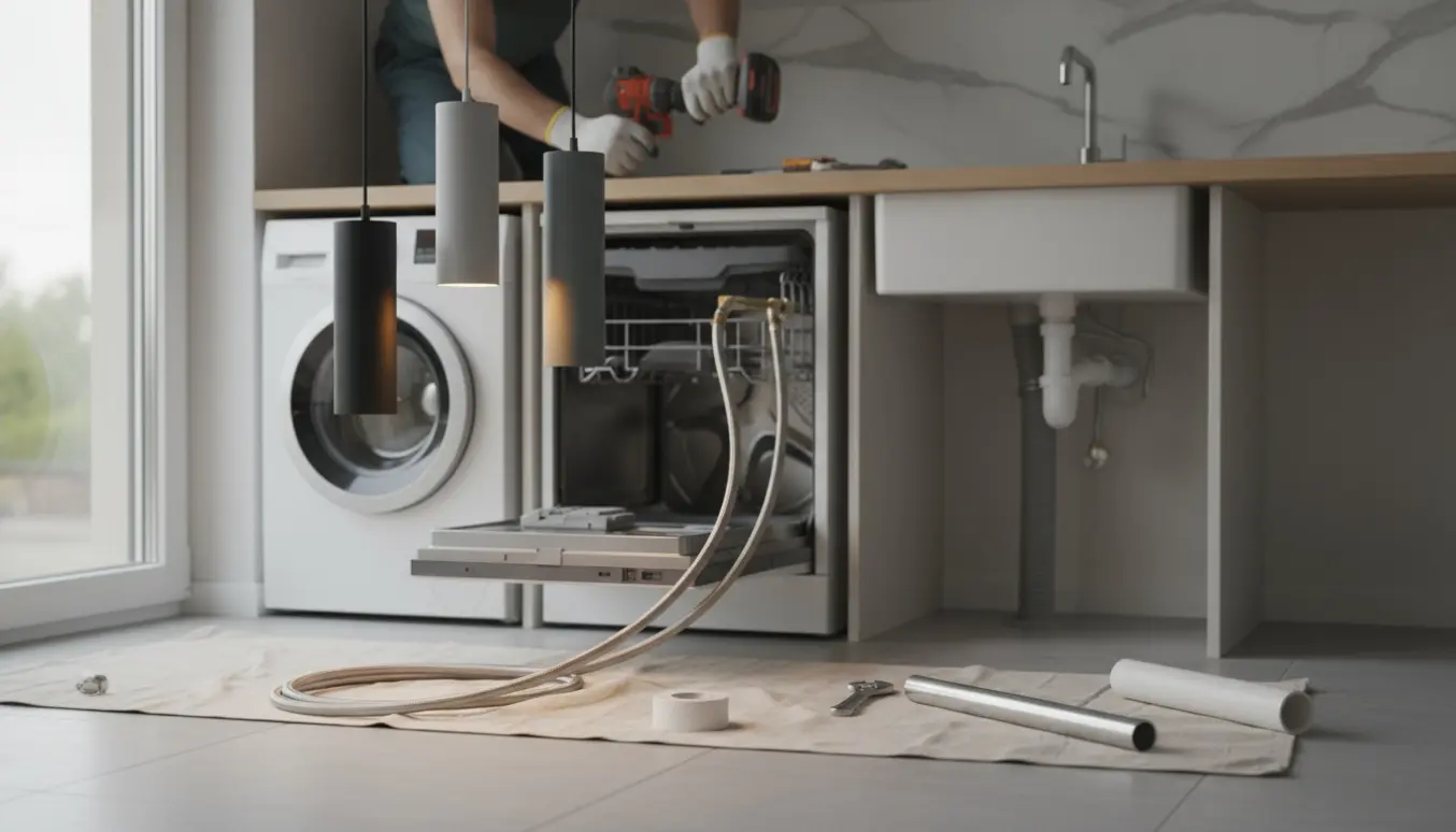 Installation af tre lamper og tilslutning af vaskemaskine og opvaskemaskine med rør og værktøj.