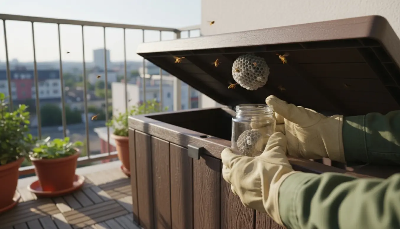 Åben havebænk på en altan med et lille hvepsebo under låget og beskyttede handsker, der holder boet i en forsejlet beholder.