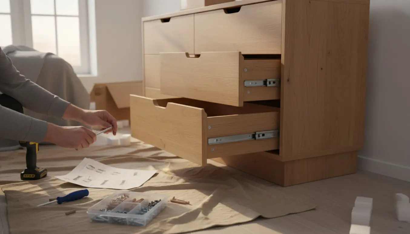 Hænder samler en ny trækommode med otte skuffer i et lyst skandinavisk værelse, med værktøj og skruer organiseret på et tæppe.
